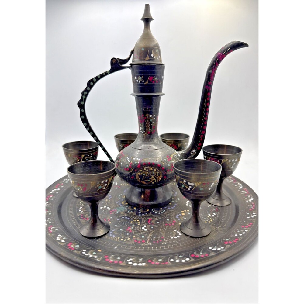 Vintage Middle Eastern Dallah Pot Coffee Tea Set 7pc With Tray Arabic Metal